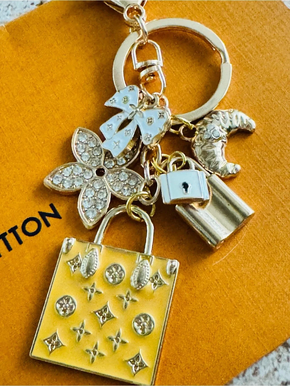 LV Stamped Hardware & Fashion Accents on Gold Key Chain/Bag Charm